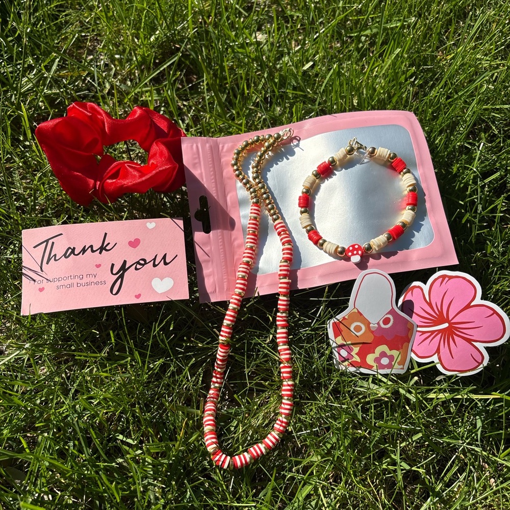 Red and White Beaded Necklace and Bracelet Mushroom Set